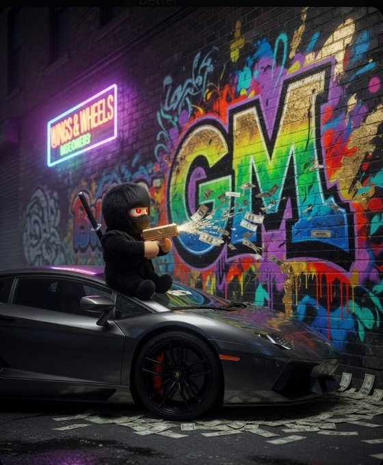 A stylized digital artwork depicting a small ninja-like figure wielding a glowing weapon while sitting atop a black Lamborghini, with money flying around against a graffiti-covered wall featuring 'GM' and a neon 'Wings & Wheels' sign.