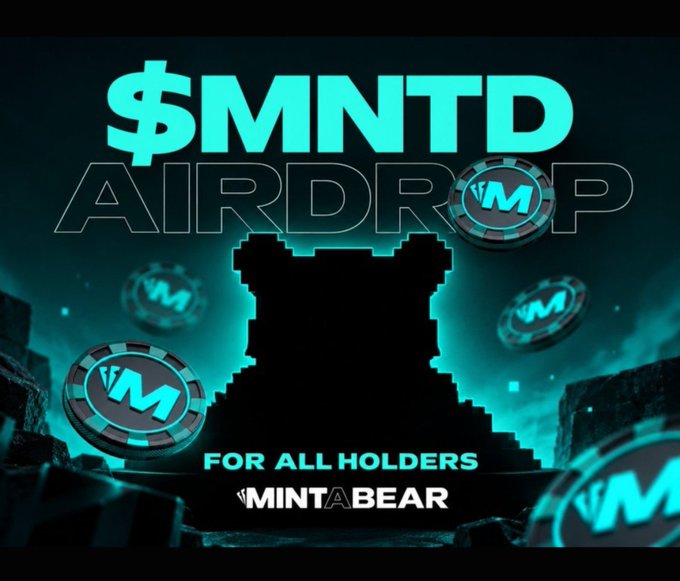 A promotional graphic with teal text reading "$MNTD AIRDROP" and "FOR ALL HOLDERS" alongside "MINT A BEAR," featuring a pixelated bear silhouette surrounded by floating coins marked with an "M."