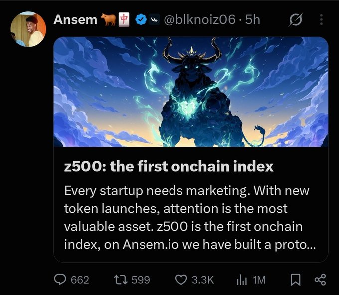 A tweet from Ansem (@blknoiz06) with 3.3K likes showcases a mystical blue bull illustration promoting "z500: the first onchain index," with the caption contextualizing the post as commentary on speculative crypto token launches driven by attention rather than fundamentals.