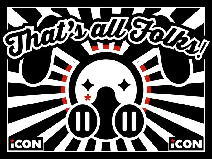 A black and white graphic logo with the text 'That's all Folks!' above a stylized skull design and the word 'iCON' in the bottom corners.