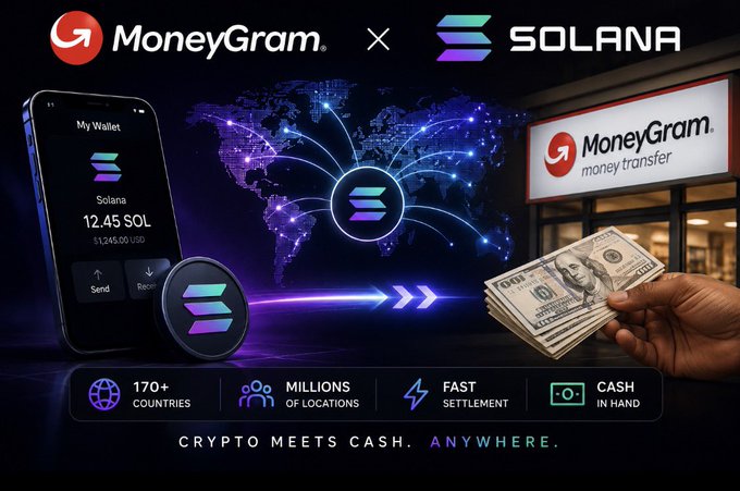 A promotional graphic showing the MoneyGram and Solana logos at the top, with a smartphone displaying "My Wallet" containing 12.45 SOL (~$1,245.00 USD) alongside a Solana coin, arrows pointing to a hand holding US dollar bills in front of a MoneyGram storefront, overlaid on a world map. The bottom highlights "170+ Countries," "Millions of Locations," "Fast Settlement," and "Cash in Hand" with the tagline "Crypto Meets Cash. Anywhere." The image visually supports the post's message about MoneyGram expanding crypto-to-cash infrastructure on the Solana blockchain for global real-world adoption.
