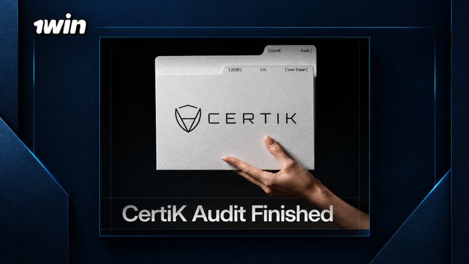 A promotional graphic from '1win' featuring a folder labeled 'CERTIK' being held by a hand, with the bold text 'CertiK Audit Finished' displayed prominently below.