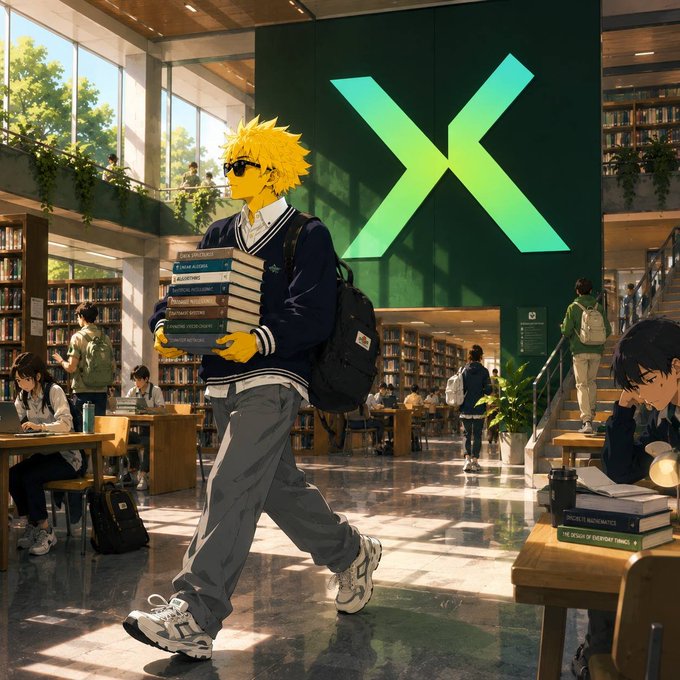 An anime-style illustration of a blonde character wearing sunglasses, a navy jacket, and carrying a stack of books, walking through a modern library with a large green 'X' logo on the wall.