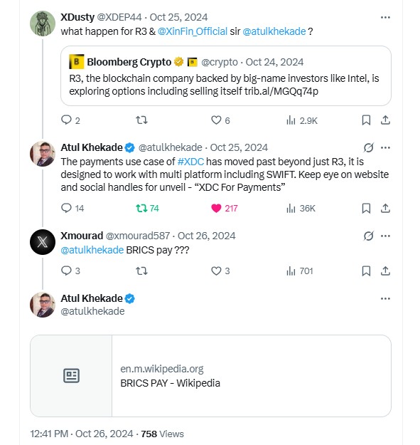 A Twitter/X thread conversation about R3, the blockchain company, featuring a Bloomberg Crypto quote and replies from Atul Khekade discussing XDC for payments and BRICS Pay.