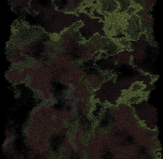 An abstract, noisy digital image with dark reddish-brown and green textured patches forming a chaotic, camouflage-like pattern against a black background.