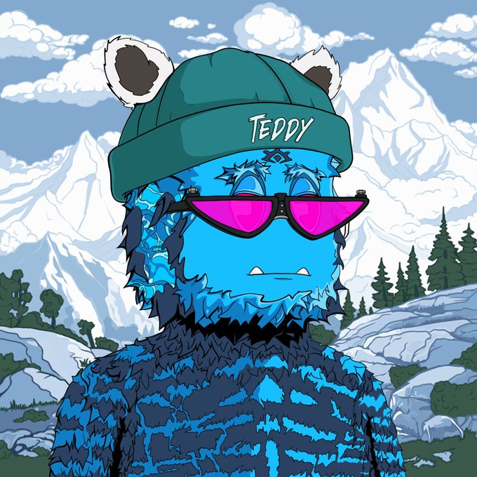 A cartoon illustration of a blue furry character labeled 'TEDDY' wearing a teal beanie with bear ears and pink sunglasses, set against a snowy mountain landscape.