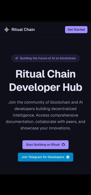 A mobile screen displaying the 'Ritual Chain Developer Hub' landing page with a dark background, promoting a community for blockchain and AI developers with 'Get Started' and Telegram buttons.