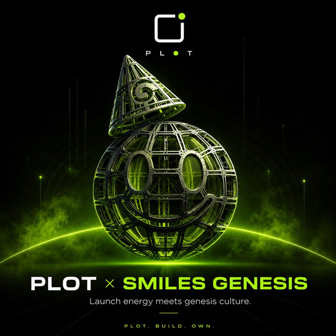 A futuristic promotional graphic for 'PLOT x SMILES GENESIS' showing a metallic, geometric egg-like structure with its top opening like a hat, set against a neon green cosmic background with the tagline 'Launch energy meets genesis culture.'