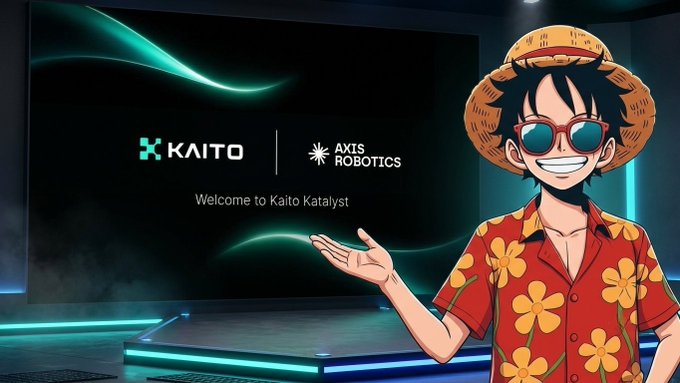 An anime character resembling Luffy wearing a straw hat, sunglasses, and a red Hawaiian shirt gestures toward a screen displaying 'KAITO', 'AXIS ROBOTICS', and 'Welcome to Kaito Katalyst'.