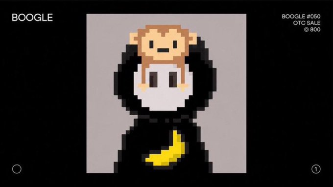 A pixel art NFT titled "BOOGLE #050" displays a character in a black hooded cloak holding a yellow banana against a gray background, listed as an OTC sale for 800 SOL. The image directly illustrates the post's celebration of the 800 SOL NFT sale, reinforcing the claim that NFTs are making a comeback.