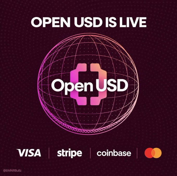 A promotional image announcing 'OPEN USD IS LIVE' with the OpenUSD logo over a globe graphic, and partner logos for Visa, Stripe, Coinbase, and Mastercard. Credit: @BMNRBullz.