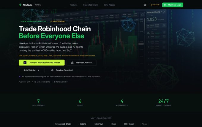 NextApe website homepage with the headline 'Trade Robinhood Chain Before Everyone Else' promoting the first L2 with live token discovery, on-chain Uniswap V3 swaps, and AI agents, featuring options to 'Connect with Robinhood Wallet' or 'Member Access'.
