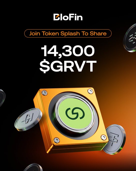 A promotional graphic for BloFin featuring 'Join Token Splash To Share 14,300 $GRVT' with a 3D illustration of a yellow device emitting green tokens and metallic cryptocurrency coins floating around it.
