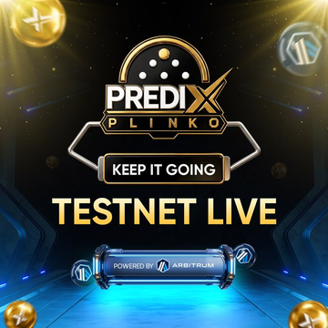 Promotional graphic for 'PrediX Plinko' reading 'Keep It Going, Testnet Live' and 'Powered by Arbitrum'.