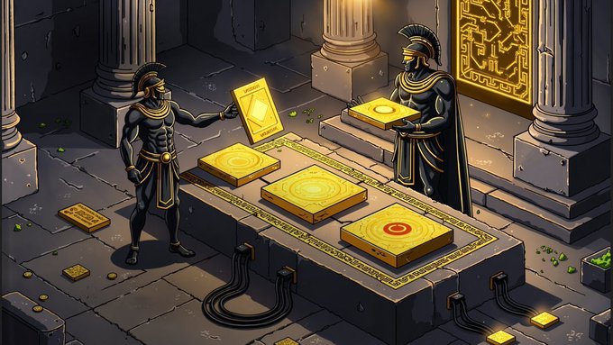 Two Egyptian-themed figures in a stone temple interact with glowing gold tablets and plaques arranged on a raised platform.