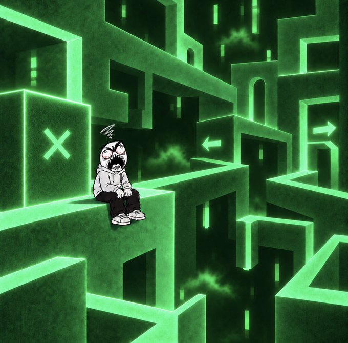 A digital artwork depicting a distressed character in a hoodie sitting alone on a ledge within a surreal, glowing green maze-like structure filled with arrows and geometric shapes.