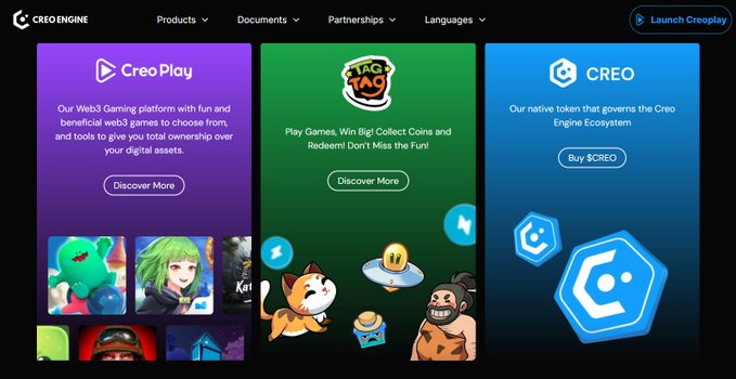 The image shows the Creo Engine homepage featuring three promotional sections: CreoPlay (Web3 gaming platform with games and assets), TAG TAG (a "Play Games, Win Big" promotional section), and $CREO (the native token for the Creo Engine Ecosystem). A "Launch Creoplay" button appears in the top right, with game characters and a large CREO logo displayed prominently, visually reinforcing the post's emphasis on Creo Engine's role as a unified Web3 gaming hub rather than just a Layer 1 blockchain.