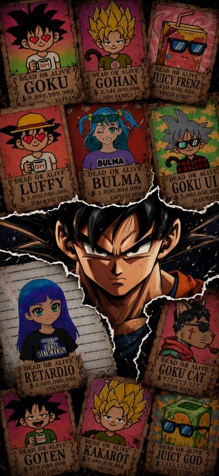 A collage of Dragon Ball 'Wanted' poster-style cards featuring characters like Goku, Gohan, Luffy, Bulma, Trunks, and others, surrounding a central, serious-looking Goku.