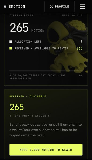 A profile dashboard for $MOTION showing a tipping power of 265 motion, with 0 allocation left and 265 received available to re-tip.