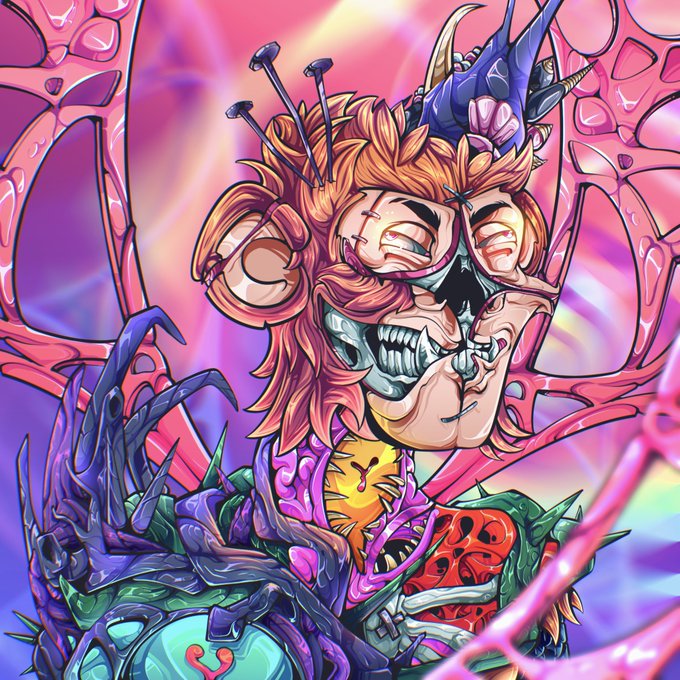 A vibrant, colorful illustration of a menacing lion-like character with a skull face, surrounded by surreal organic shapes in pinks, purples, and greens.