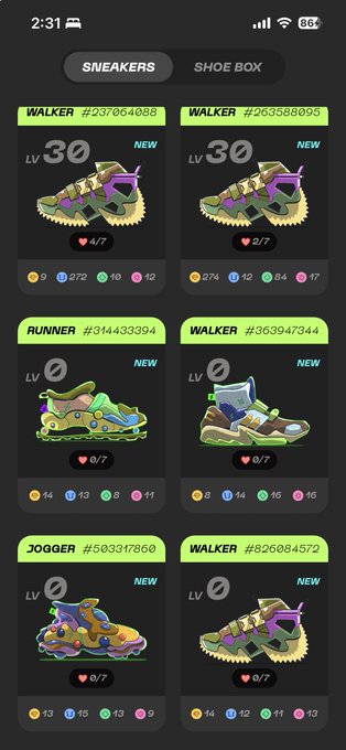 A mobile app screenshot displaying a collection of digital sneaker NFTs, with two tabs labeled 'SNEAKERS' and 'SHOE BOX' showing various Walker, Runner, and Jogger designs at Level 30 or Level 0, each marked 'NEW' with unique IDs.