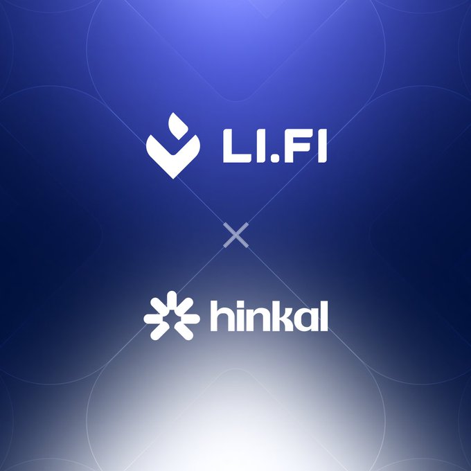 The image displays a partnership announcement between LI.FI and Hinkal, featuring their respective logos separated by an "x" symbol on a gradient blue-gray background, illustrating the integration of LI.FI's cross-chain swap capabilities with Hinkal's privacy-preserving technology.