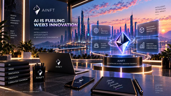 An AINFT promotional graphic featuring a futuristic cityscape, a laptop with the AINFT logo, and the headline 'AI IS FUELING WEB3 INNOVATION: INTELLIGENCE OPPORTUNITY A BRIGHTER TOMORROW'.