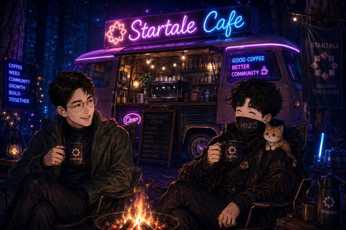 An anime-style illustration of two characters at the 'Startale Cafe' with neon signage reading 'GOOD COFFEE BETTER COMMUNITY', 'COFFEE WEB3 COMMUNITY GROWTH BUILD TOGETHER', and 'MIZO' on a mask.