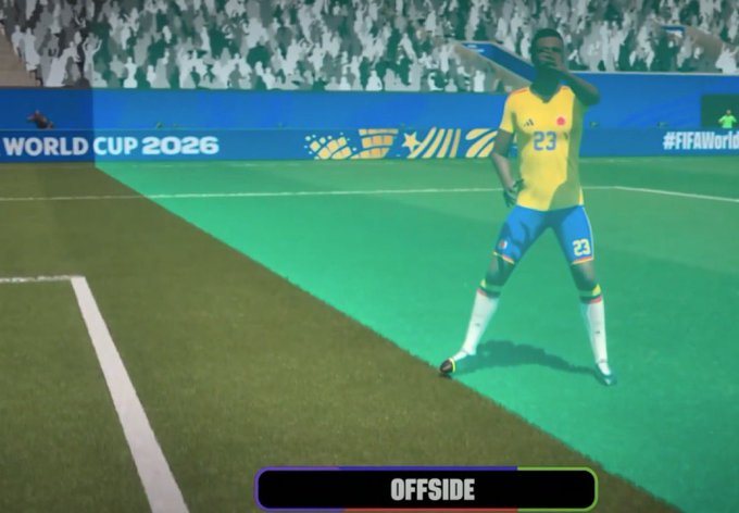 A video game screenshot shows a soccer player wearing a yellow and blue Colombia jersey with the number 23, celebrating on the field with banners reading "WORLD CUP 2026" and "#FIFAWorld" visible in the background, while an "OFFSIDE" alert appears at the bottom of the screen.