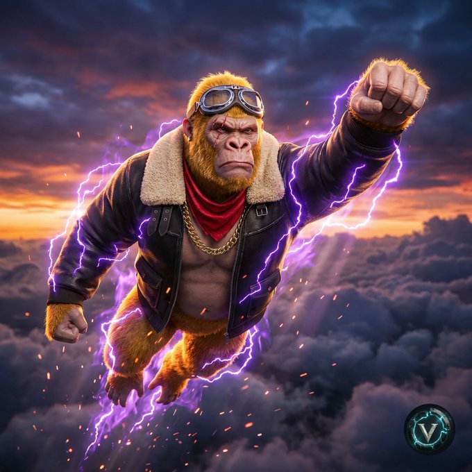 A stylized digital artwork of a muscular ape wearing aviator goggles and a leather jacket with a red bandana, surrounded by purple lightning bolts against a sunset cloudscape.