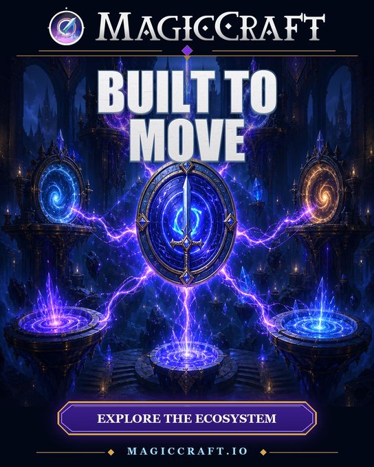 A fantasy-themed promotional poster for 'MAGICCRAFT' with the tagline 'BUILT TO MOVE', displaying magical portals and purple lightning over the website 'MAGICCRAFT.IO'.