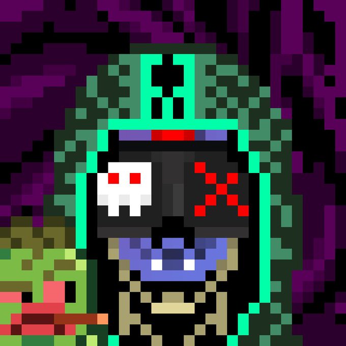 The image shows a pixel art character with a split skull mask (one half white, one half red "X" eyes), green hooded robe, and stitched smile, set against a dark purple blocky background. It depicts the type of NFT collectible referenced in the post, which announces a new "310n704d" (Lionhead?) acquisition alongside an existing piece from @1337skulls, celebrating digital ownership on-chain.