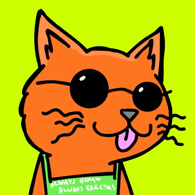 A crudely drawn cartoon orange cat wearing black sunglasses smiles with its tongue out against a bright green background, with partially legible text 'ALWAYS...' on its shirt.