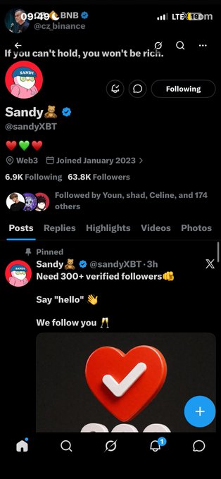 A Twitter/X screenshot of CZ Binance (@cz_binance) viewing Sandy's (@sandyXBT) profile, with Sandy's pinned post seeking '300+ verified followers' and a red heart checkmark image.
