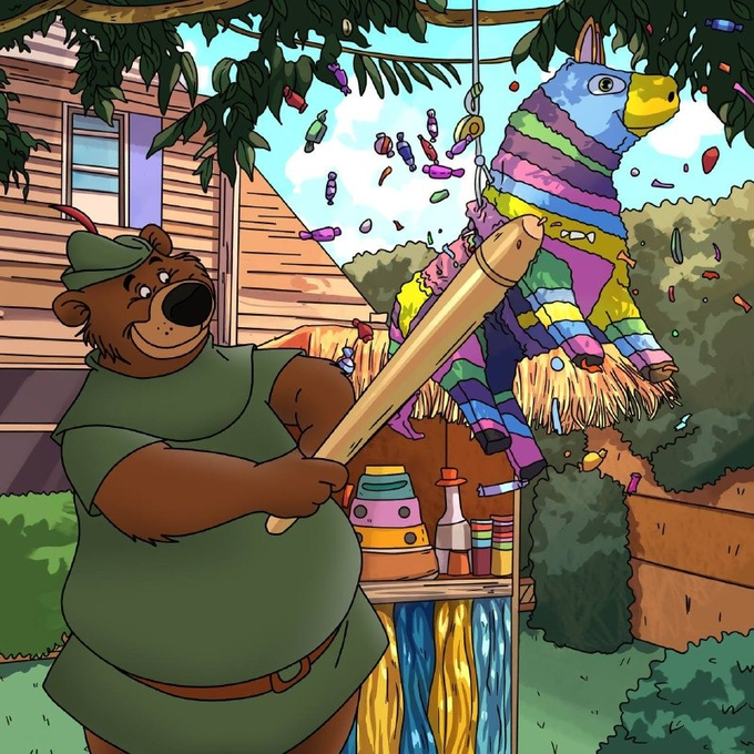 A cartoon illustration of a bear wearing a green tunic and hat, holding a baseball bat, swinging at a colorful donkey-shaped piñata at an outdoor party.
