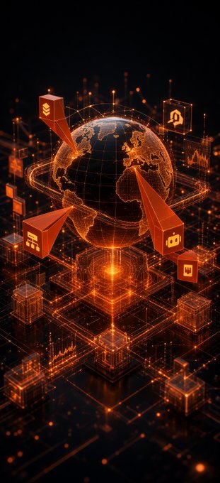 A glowing digital globe floats above a circuit-like grid, with orange server icons labeled "DEX" and "DAILY" radiating outward, symbolizing transparent on-chain data flows. The image visually represents the exposed nature of institutional DeFi activity, which @primus_labs aims to protect with privacy infrastructure.