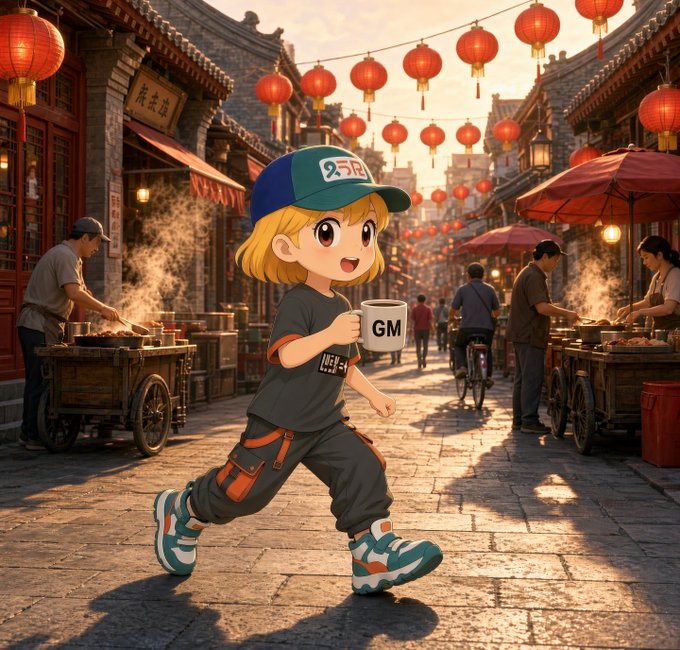 An anime-style illustration of a blonde child wearing a cap and dark clothing walking through a Chinese street market decorated with red lanterns while holding a 'GM' mug.