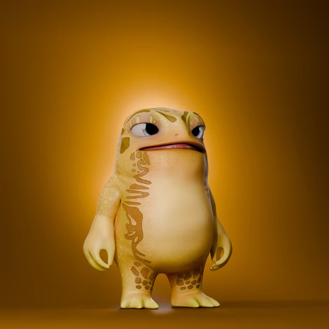 A 3D rendering of a small, cartoonish yellow lizard-like character with dark markings, standing against a warm orange gradient background.