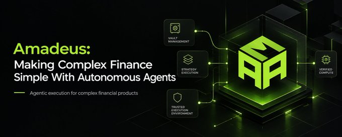 A promotional banner for 'Amadeus' with the tagline 'Making Complex Finance Simple With Autonomous Agents' and 'Agentic execution for complex financial products', featuring a glowing 3D cube logo with features like Vault Management, Strategy Execution, Trusted Sandbox Environment, and Verified Compute.