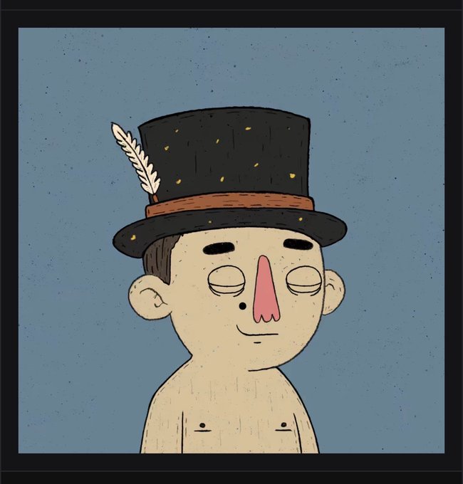 A cartoon illustration of a shirtless man with closed eyes wearing a black top hat with a white feather, featuring a distinctive long pink nose and a beauty mark.