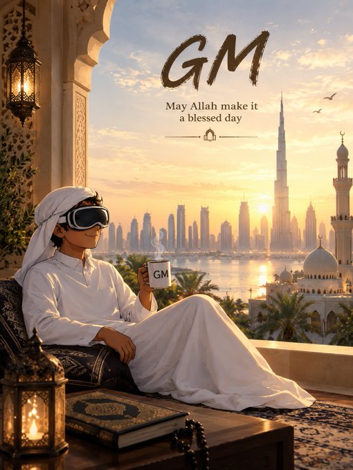 A digital illustration showing a person in traditional Arab attire and a VR headset sitting in an ornate balcony setting with 'GM' (Good Morning) text and a 'May Allah make it a blessed day' message over a Dubai skyline.