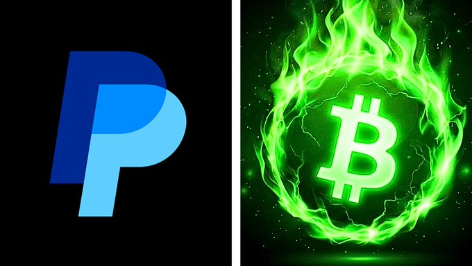 Side-by-side images of the PayPal logo and a Bitcoin symbol engulfed in green flames.