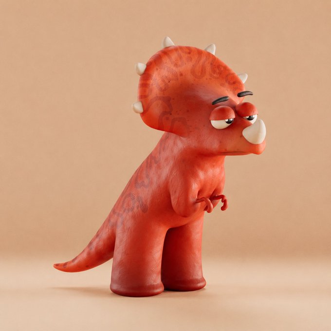 A cartoonish 3D-rendered red Triceratops with a bored expression stands against a peach background, representing one of the limited-edition Rex NFTs from the Claynosaurz collection by @theboredbunch, which has only 200 minted and none listed for sale.