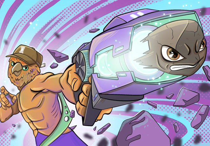 A cartoon illustration of a shirtless man wearing a hard hat wielding a large futuristic blaster with a face on it, set against a colorful cosmic background with floating debris.
