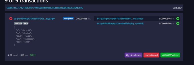 The image shows a mempool.space transaction page displaying the deployment of the "sbrc-20" SRC-20 token (ticker "sbvc-20", id 84) on the Bitcoin mainnet, with inscription details showing a max supply of 21,000,000 and a limit of 1,000 per mint. This corresponds to the post announcing the $SHLD sbrc-20 token deployment, with the transaction (506861ce...) currently showing unconfirmed status and offering "Accelerate" or "+0.00000546 BTC" options.
