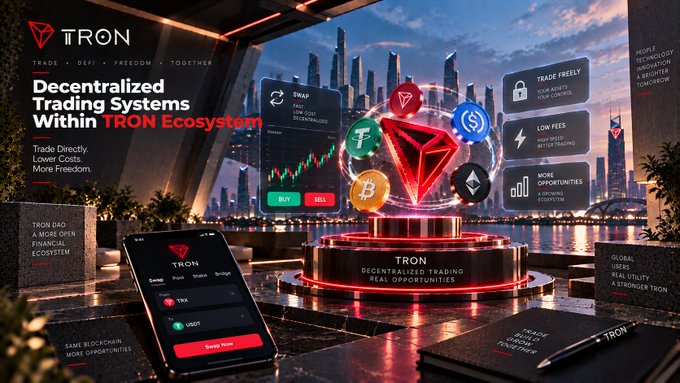 A promotional graphic for the 'TRON' blockchain ecosystem, advertising 'Decentralized Trading Systems' with images of a glowing red TRON logo, smartphones displaying trading apps, and various cryptocurrency symbols.
