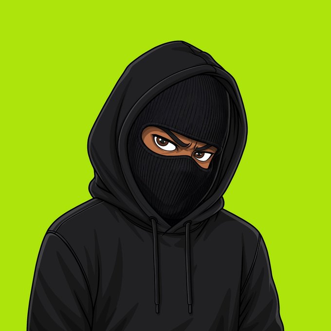 A cartoon-style illustration of a figure wearing a black hoodie and balaclava mask against a bright green background, with only their eyes visible.