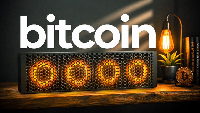 A promotional image featuring the word 'bitcoin' in large white letters above a black device with four orange-glowing circular fans or speakers, set on a wooden desk with a vintage lamp, plant, books, and a Bitcoin coin.