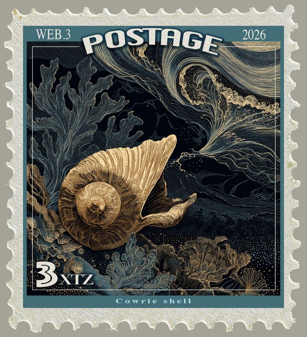 A decorative postage stamp from 2026 labeled 'WEB.3' featuring a cowrie shell illustration in gold and blue tones, with text 'POSTAGE', '3 XTZ', and 'Cowrie shell'.