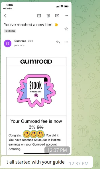 A mobile phone screenshot showing a Gumroad email notification announcing '$100K in lifetime sales' and a reduced 'Gumroad fee is now 3% 9%', with a caption reading 'it all started with your guide'.